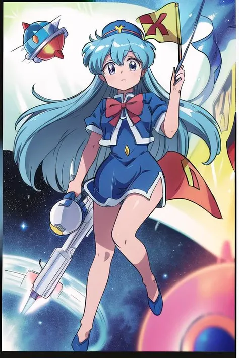 masterpiece, best quality,ultra detail, <lora:anmnr01:0.3> <lora:add_detail:0.4>,<lora:GoodHands-vanilla:0.7>,tenjouin katsura <lora:katsura_v5_locon:0.7>,spaceship, thighs, side slit, blue headwear, red bowtie, blue short dress, open jacket,holding flag,(comic,border,koma,Text bubble), <lora:LZ-comic strip:0.4>