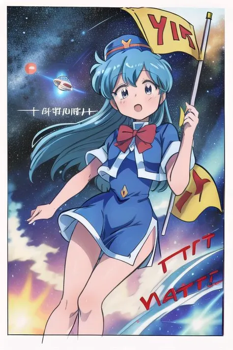masterpiece, best quality,ultra detail, <lora:anmnr01:0.3> <lora:add_detail:0.4>,<lora:GoodHands-vanilla:0.7>,tenjouin katsura <lora:katsura_v5_locon:0.7>,spaceship, thighs, side slit, blue headwear, red bowtie, blue short dress, open jacket,holding flag,(comic,border,koma,Text bubble), <lora:LZ-comic strip:0.5> galaxy,open mouth