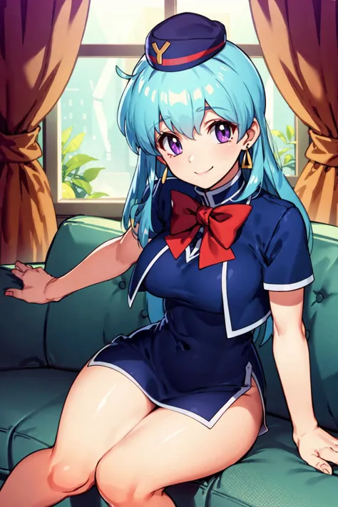 (masterpiece:1.2), best quality, ultra high res, unity 8k wallpaper, (illustration:1.0), (beautiful detailed eyes:1.6), extremely detailed face, Cinematic lighting, high contrast , clear color, (perfect hands,perfect anatomy), (dynamic angle and pose:1.3), best angle, (1girl, solo:1.5), smooth, simple, BREAK
tenjouin katsura, long hair, (purple eyes:1.2), aqua hair, breasts, thighs, BREAK
earrings, hat, dress, bow, side slit, red bow, blue headwear, bowtie, red bowtie, blue dress, short dress, blue jacket, open jacket, BREAK
smile, BREAK
(luxurious mansion:1.4), (indoor:1.2), (window:1.3), (curtain:1.2), (sofa:1.6),(sitting:1.3)