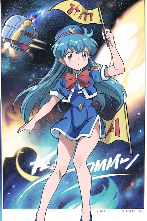 masterpiece, best quality,ultra detail, <lora:anmnr01:0.3> <lora:add_detail:0.4>,<lora:GoodHands-vanilla:0.7>,tenjouin katsura <lora:katsura_v5_locon:0.7>,spaceship, thighs, side slit, blue headwear, red bowtie, blue short dress, open jacket,holding flag,(comic,border,koma,Text bubble), <lora:LZ-comic strip:0.5> galaxy