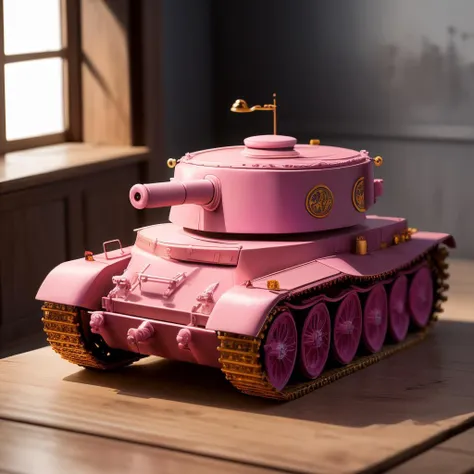 a (pcporcelaincd, shiny:1.2, pink theme:1.3, gold lacquer) tank, toy model, (solo:1.2), <lora:pcporcelaincd-000005:0.6>, no humans, high quality, masterpiece, realistic, photorealistic, (indoors, on table:1.2)