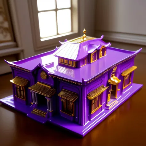 a (pcporcelaincd, shiny:1.2, purple theme:1.3, gold lacquer) villa, building model, (solo:1.2), <lora:pcporcelaincd-000005:0.7>, no humans, high quality, masterpiece, realistic, photorealistic, (indoors, on table:1.2)