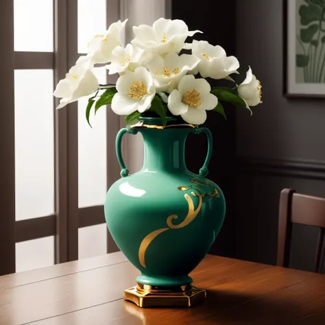 a (pcporcelaincd, shiny:1.2, green theme:1.3, gold lacquer) vase, flower inserted into the vase, (solo:1.2), <lora:pcporcelaincd-000006:0.8>, no humans, high quality, masterpiece, realistic, photorealistic, (indoors, on table:1.2)