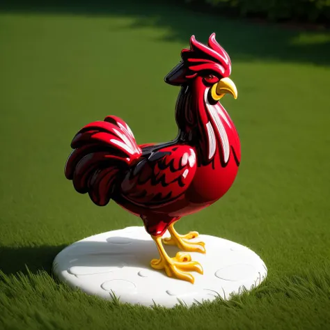 a (pcporcelaincd, shiny:1.2, red theme:1.2) rooster, simple toy, toy model, standing on lawn, (solo:1.2), <lora:pcporcelaincd-000005:0.7>, no humans, high quality, masterpiece, realistic, photorealistic, (outdoors, lawn)