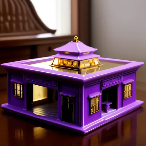 a (pcporcelaincd, shiny:1.2, purple theme:1.3, gold lacquer) villa, building model, (solo:1.2), <lora:pcporcelaincd-000006:0.7>, no humans, high quality, masterpiece, realistic, photorealistic, (indoors, on table:1.2)