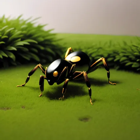 a (pcporcelaincd, shiny:1.2, black theme:1.3, gold lacquer) spider, simple toy, toy model, standing on lawn, (solo:1.2), <lora:pcporcelaincd-000005:0.7>, no humans, high quality, masterpiece, realistic, photorealistic, (outdoors, lawn)