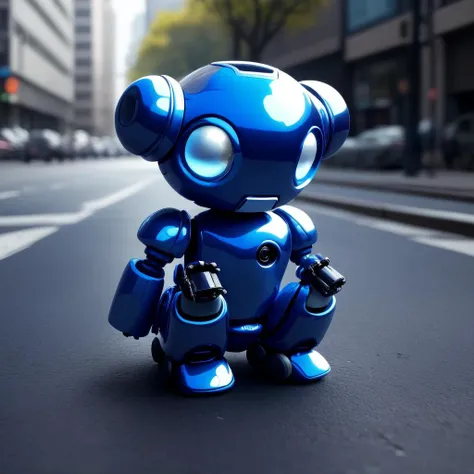 a (pcporcelaincd, shiny:1.2, blue theme:1.3) cute robot, simple toy, toy model, squatting in street, (solo:1.2), <lora:pcporcelaincd-000005:0.7>, no humans, high quality, masterpiece, realistic, photorealistic, (outdoors, cityscape)