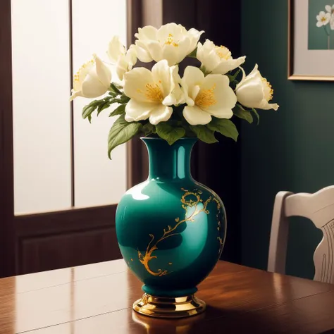 a (pcporcelaincd, shiny:1.2, green theme:1.3, gold lacquer) vase, flower inserted into the vase, (solo:1.2), <lora:pcporcelaincd-000005:0.6>, no humans, high quality, masterpiece, realistic, photorealistic, (indoors, on table:1.2)