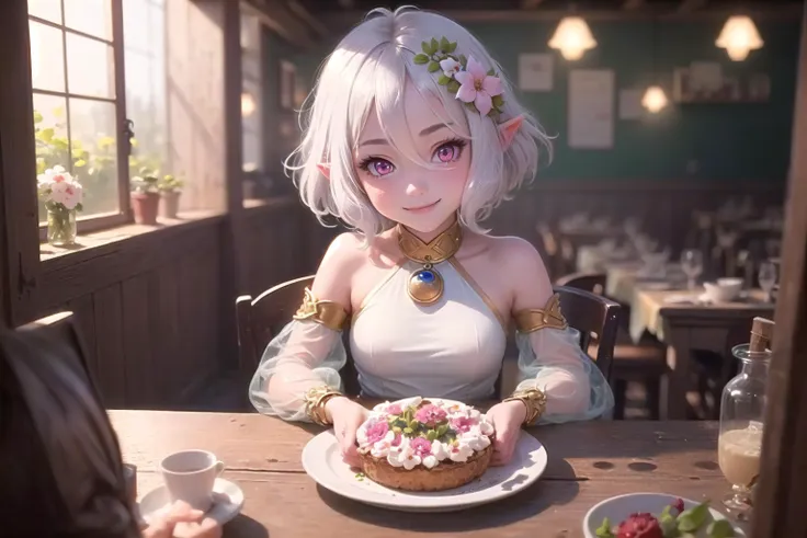 ((best quality)), ((masterpiece)), (detailed), <lora:kokkoro_v1:1> 1girl, petite, kokkoro, pink eyes, short white hair, white hair flower, white dress, detached sleeves, looking at viewer, smile, closed mouth, indoors, tavern, big bugs on a plate, reaching towards viewer, holdings bugs, (high-resolution:1.2)