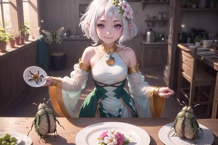 ((best quality)), ((masterpiece)), (detailed), <lora:kokkoro_v1:1> 1girl, ite, kokkoro, pink eyes, short white hair, white hair flower, white dress, detached sleeves, looking at viewer, smile, closed mouth, indoors, tavern, (big bugs on a plate:1.1), reaching towards viewer, holdings bugs, (high-resolution:1.2)