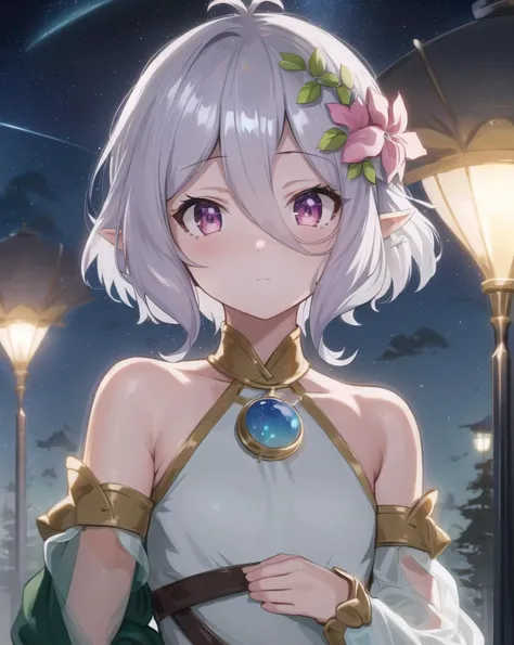 masterpiece, best quality, ultra-detailed, illustration, epic lighting, cinematic composition, colorful, anime, 2d, (finely detailed beautiful eyes: 1.2), 1girl, petite, kokkoro, pink eyes, short white hair, white hair flower, white dress, detached sleeves, looking at viewer, expressionless, upper body, outdoors, night, stars, nebula, fantasy, nature, (8k:1.1) <lora:kokkoro_v1:1>