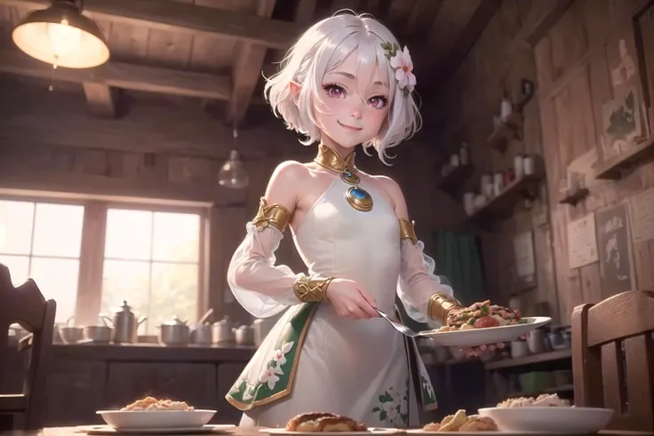 ((best quality)), ((masterpiece)), (detailed), <lora:kokkoro_v1:0.8> 1girl, ite, kokkoro, pink eyes, short white hair, white hair flower, white dress, detached sleeves, looking at viewer, smile, closed mouth, indoors, tavern, (big worms on a plate:1.1), cooked bugs, food, (high-resolution:1.2)