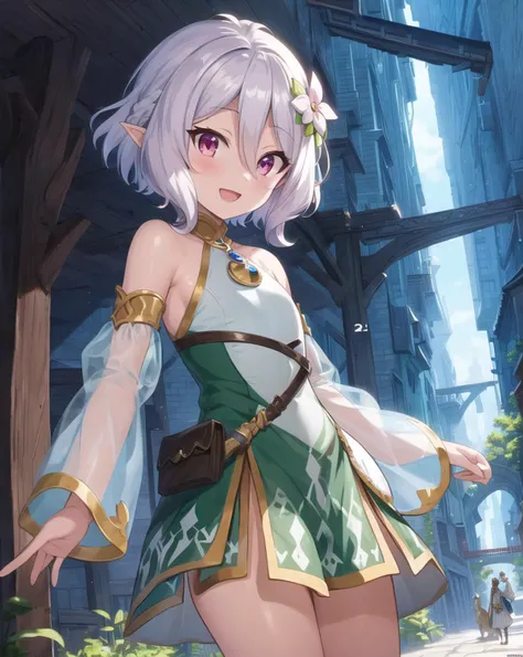 masterpiece, best quality, ultra-detailed, illustration, epic lighting, cinematic composition, colorful, anime, 2d, (finely detailed beautiful eyes: 1.2), 1girl, petite, kokkoro, pink eyes, short white hair, white hair flower, white dress, detached sleeves, looking at viewer, :d, cowboy shot, outdoors, fantasy, village, (8k:1.1) <lora:kokkoro_v1:1>