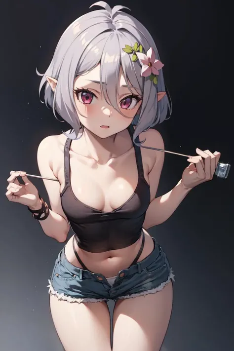 masterpiece, 1girl, grey background, highres, tank top, short shorts, navel, small breasts, narrow waist:1.4, wide hips:1.4, thigh gap, breasts, cleavage, kokkoro, <lora:kokkoro_v1:1> , bare arms, bare neck, collarbone