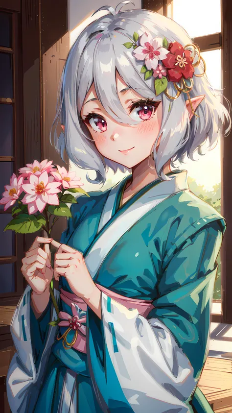 masterpiece, best quality, ultra-detailed, 1girl, blush, closed mouth, flower, green kimono, hair between eyes, hair flower, hair ornament, japanese clothes, kimono, kokkoro, long sleeves, miko, obi, pink flower, red flower, sash, short hair, smile, solo, split mouth, upper body, white flower, white kimono <lora:kokkoro_v1:1>