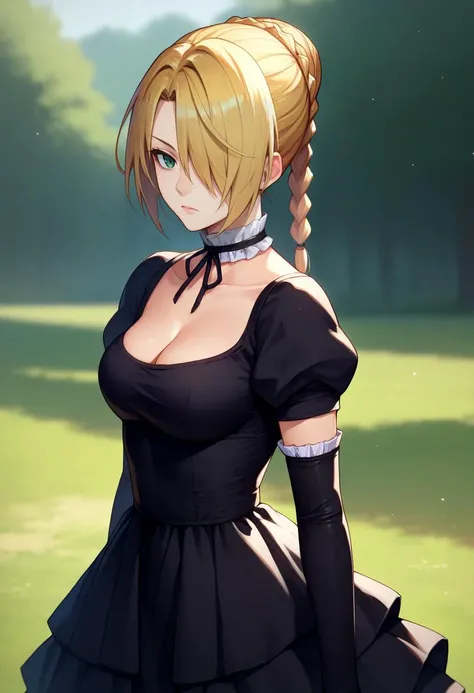 score_9, score_8_up, score_7_up, source_anime, solo, 1girl, hildegarde, expressionless, looking at viewer, standing, hair over one eye, braid, maid, black dress, black gloves, elbow gloves, frilled choker, cleavage, outdoors <lora:beelzebub_hilda_ponyXL-04:1>