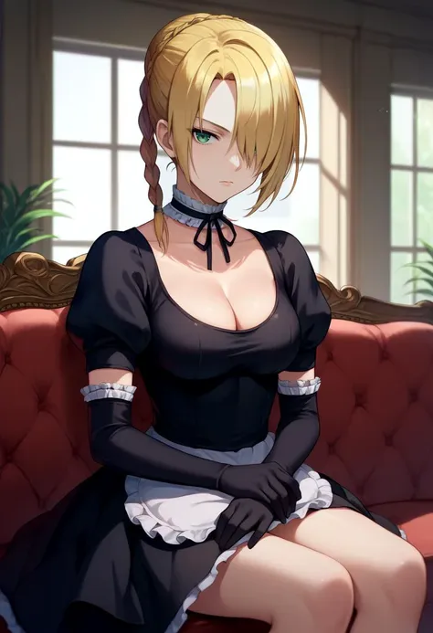 score_9, score_8_up, score_7_up, source_anime, solo, 1girl, hildegarde, expressionless, looking at viewer, sitting, couch, hair over one eye, braid, maid, black dress, black gloves, elbow gloves, frilled choker, cleavage, indoors, living room <lora:beelzebub_hilda_ponyXL:1>