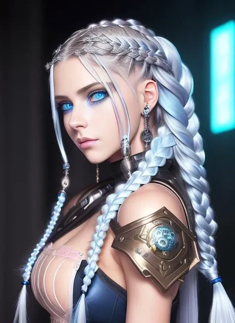 (8k), (an extremely  beautiful cyberpunk fantasy girl), (high detailed), (high resolution), (masterpiece), (best quality),( finely detail ), sad trending on 500px hard edge painting,
(1girl:1.40), (art of granblue fantasy:1.3), ((beautiful detailed eyes, (dark blue eyes ))). (absurdly long hair(white hair (multiple braids))). ((panting)). ((clothingstyle),((blush)).