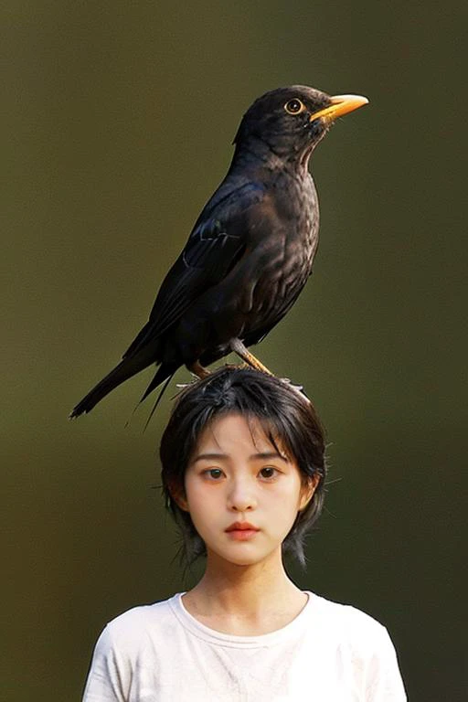 eurasian blackbird, Stand on the girl's head. <lora:eurasian blackbird-000010:0.5>