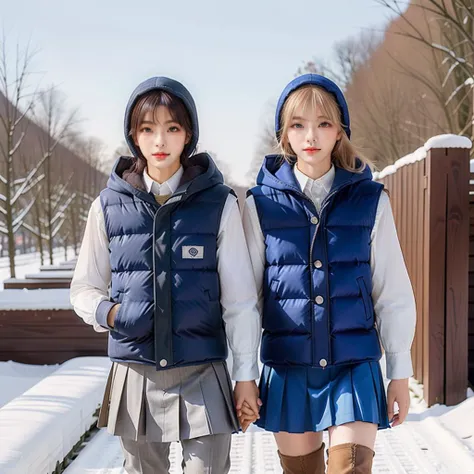 ((((Oversized padded down vest)))), ((((Oversized padded puffer vest)))), ((((Oversized padded winter clothes)))), ((((very very cold, in cold)))), ((((semi-realistic)))), (cowboy shot:2.0), (puffer hood:2.0), ((sharp eyelid, eyeliner, eyelashes, beautiful detailed eyes, tsurime, blue eyes, red eyes, perfect anatomy)), ((2 girls, blonde hair, black hair, short hair, medium hair, red streaked hair, two-tone hair, ponytail, straight hair)), ((tight pants, short skirt, pantyhose, high heel knee boots, ankle boots)), detailed fingers, winter, cold winter, snow, day, daytime, walking, street, city, ((((masterpiece)))), ((((best quality)))), ((ultra-detailed)), ((((high quality)))), medium breasts, restaurant, outdoor, dark-skinned female, (Thick padded collar:1.4), (TSH:1.4), (Thick padded cuffs:1.4)
<lora:sd_Coco-000002:0.8>