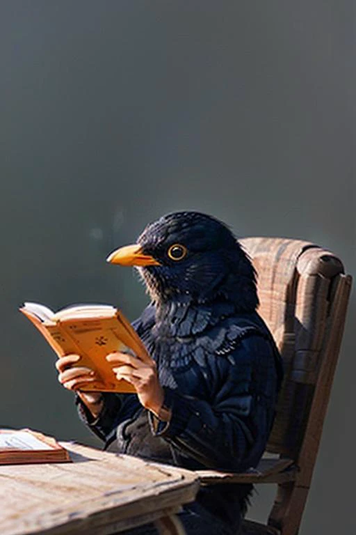 eurasian blackbird, read a book, <lora:eurasian blackbird-000010:0.5>