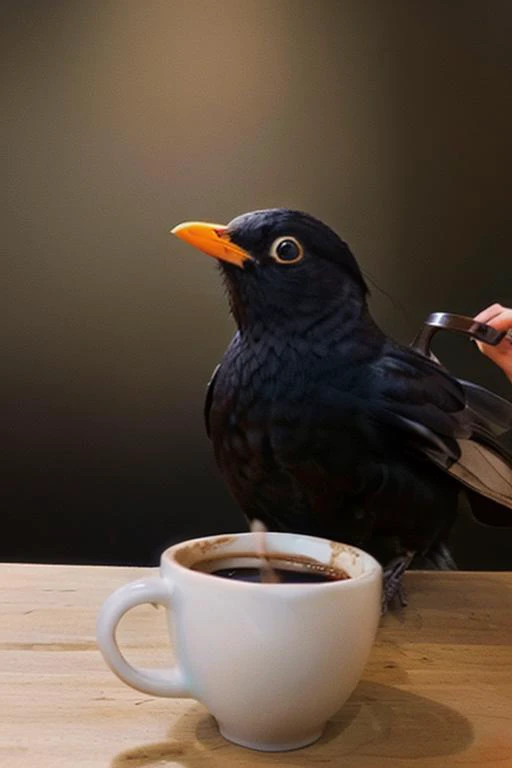 eurasian blackbird, drink coffee, <lora:eurasian blackbird-000010:0.5>