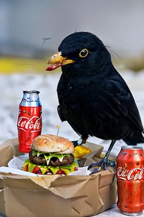 eurasian blackbird, grab a Coca-Cola and a hamburger, no humans, <lora:eurasian blackbird-000010:0.5>