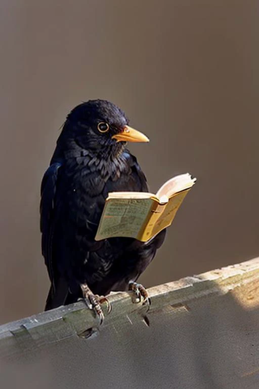 eurasian blackbird, read a book, <lora:eurasian blackbird-000010:0.5>
