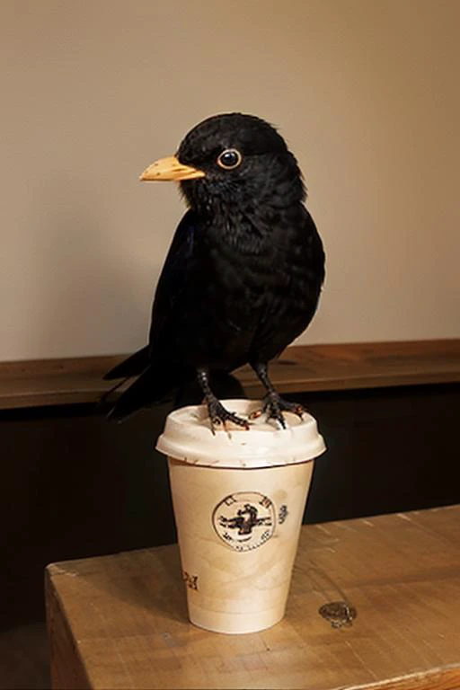 eurasian blackbird, drink coffee, <lora:eurasian blackbird-000010:0.5>
