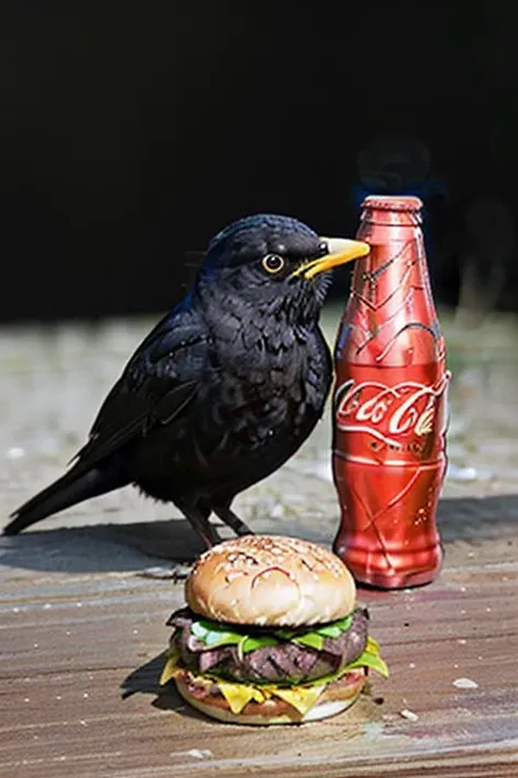 eurasian blackbird, grab a Coca-Cola and a hamburger, no humans, <lora:eurasian blackbird-000010:0.5>