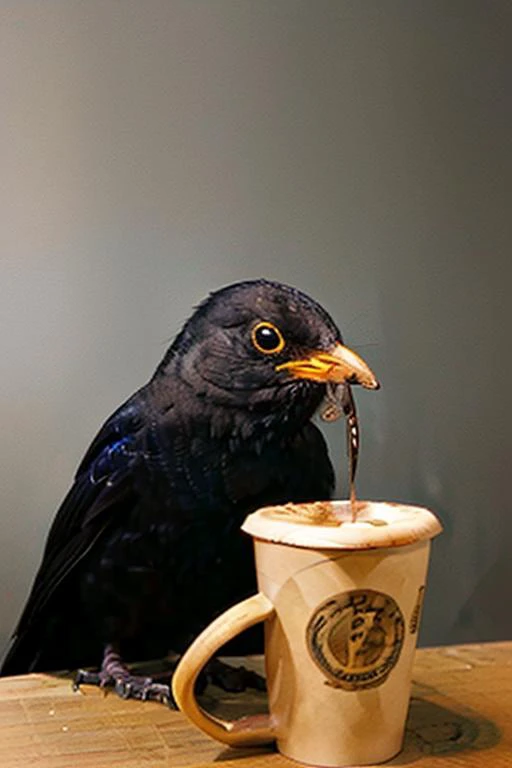 eurasian blackbird, drink coffee, <lora:eurasian blackbird-000010:0.5>