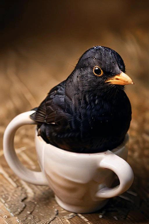 eurasian blackbird, drink coffee, <lora:eurasian blackbird-000010:0.5>