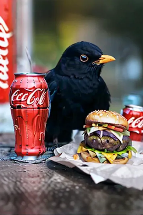 eurasian blackbird, grab a Coca-Cola and a hamburger, no humans, <lora:eurasian blackbird-000010:0.5>