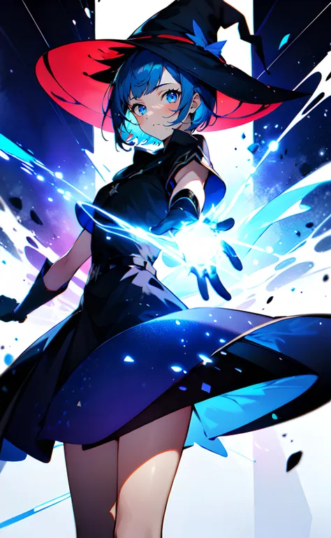 1girl, casting spell, magic, short hair, blue hair, blue eyes, witch hat, black dress, short sleeves, black gloves, abstract background, light particles, light rays