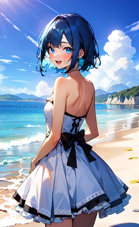 1girl, cowboy shot, standing, from behind, looking back, short hair, blue hair, blue eyes, white dress, strapless dress, frilled dress, bare shoulder, bare arms, open mouth, smile, outdoors, beach, blue sky, sunlight