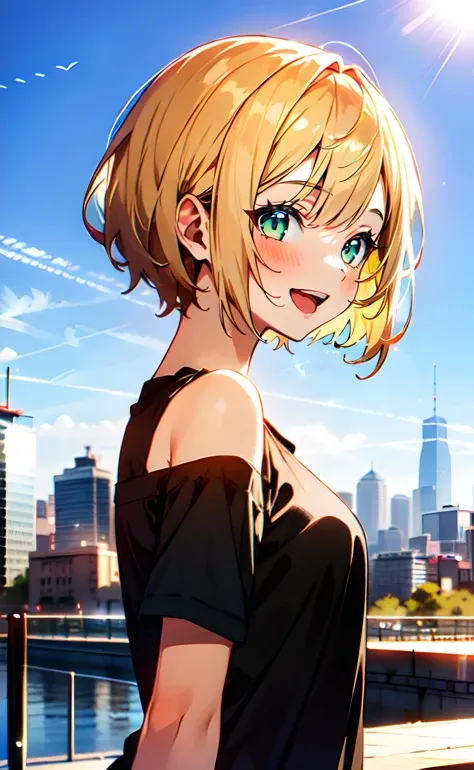 1girl, upper body, standing, from side, short hair, blonde hair, green eyes, black shirt, T-shirt, short sleeves, shoulder cutout, bare shoulders, open mouth, smile, outdoors, city, cityscape, blue sky, sunlight