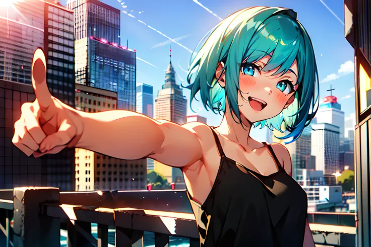 1girl, pointing at viewer, short hair, aqua hair, aqua eyes, black camisole, collarbone, bare shoulders, bare arms, open mouth, smile, outdoors, city, cityscape, blue sky, sunlight