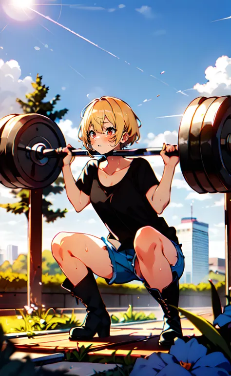 1girl, weightlifting, short hair, blonde hair, red eyes, black shirt, T-shirt, short sleeves, blue shorts, black boots, collarbone, sweat, outdoors, garden, blue sky, sunlight