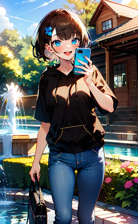 1girl, standing, short hair, brown hair, blue eyes, black hoodie, short sleeves, jeans, open mouth, smile, holding phone, smartphone, outdoors, garden, flower, house, fountain, water, blue sky, sunlight