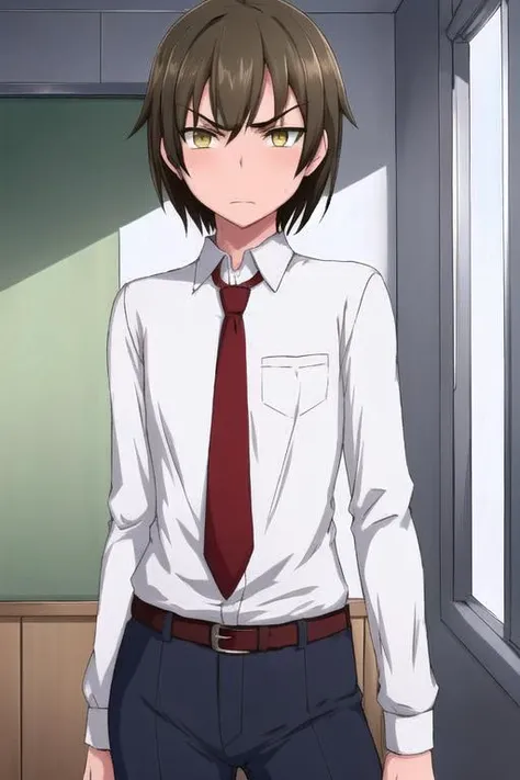 masterpiece, best quality, detailed face, detailed eyes, <lora:HUDamian:0.5>, HUDamian, 1boy, dress shirt, necktie, office, school, indoors, brown hair, yellow eyes, flat chest, toned, pants, standing, contrapposto, angry,