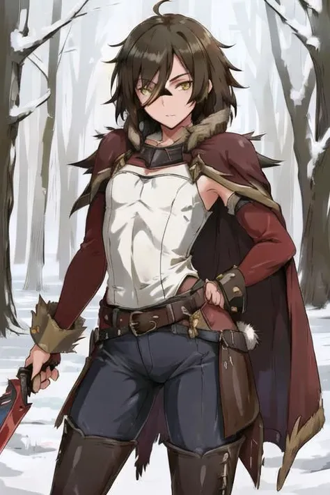 masterpiece, best quality, detailed face,  detailed eyes, <lora:HUDamian:0.5>, HUDamian, ((1boy,)) brown hair, messy hair, yellow eyes, (flat chest,) standing, outdoors, leather pants, (leather shirt,) long sleeves, studded armlet, pauldron, belt, field, fantasy, winter, forest, thigh boots, holding weapon, fur trim, fur cloak,  <lora:cts_a3:0.4>,  <lora:KnightsInTheNightmare:0.4>