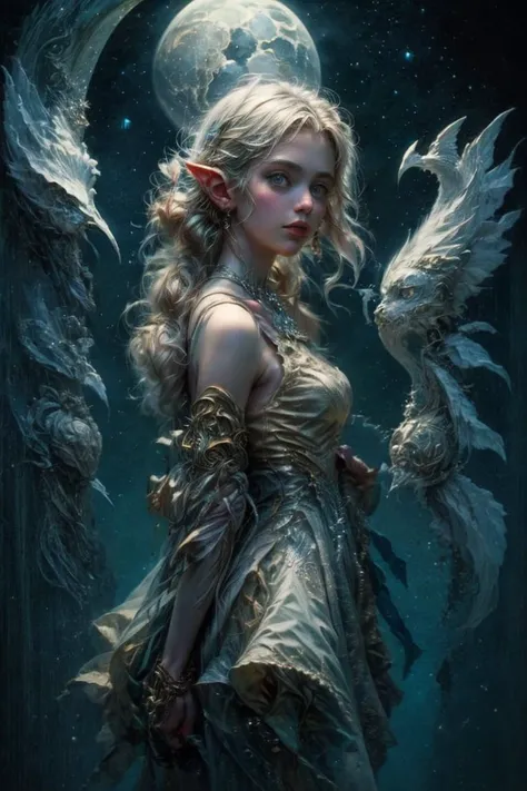 <lora:more_details:0.6>, <lora:moon_sora:0.6>, moon sora, ((best quality)), ((masterpiece)), (detailed), a (elf:1.2) in a flowing dress, (wind in her hair:1.2), poised against the backdrop of an enormous, glowing moon, (lunar silhouette:1.5). The moonlight accentuates her silhouette, creating an ethereal scene. The image is captured from a low angle, (low-angle shot:1.2), emphasizing her grace and the overwhelming scale of the moon. The delicate play of light and shadow paints a mystical tableau, all skillfully portrayed in the evocative style of Caspar David Friedrich. <lora:elf dress:0.7>