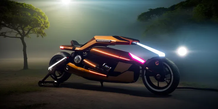 Sci-fi motorcycles,white and blue science fiction ground industrial police car in a lush jungle, science fiction, cinematic lighting, night time, volumetric light, imax, dslr, highly detailed, volumetric fog, dystopian vibes, dutch angle, cinematic angle<lora:Sci-fi motorcycles:0.8>