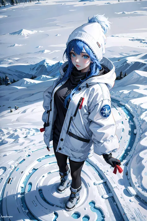 snowy, from above, frozen lake, full moonshadow looming, snow, snow plains, trees, tundra, street, traveller, 1girl, winter jacket, gloves, hand in hair, beanie