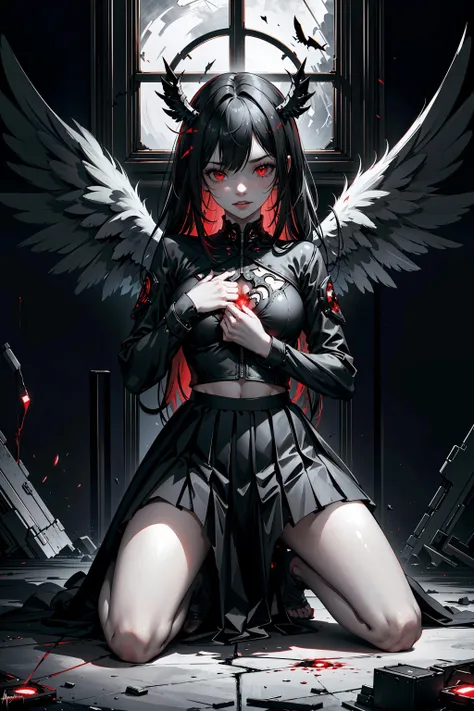 cinematic lighting, full body, (wide shot:0.8), kneeling, hand on chest, open mouth, tears, clenched teeth, wide eyed, (skirt:1.2), torn clothes, black wings
a (monochrome:1.2) image of a fallen angel, clasping her heart. The only thing that has color are her (bloodshot and veined red eyes), and the (cracked and shattered corrupted energy flowing around her). She seems tormented and anguished, (hunched over as if in pain). Her tattered and torn wings add to her desolate appearance. The fallen angel stands in a desolate and barren environment, surrounded by dark and stormy clouds. The image should (evoke a sense of despair and torment), with the fallen ((angel's expression reflecting her inner anger)) and anguish. The monochrome color palette should enhance the somber and melancholic atmosphere, while the red eyes and corrupted energy serve as stark contrasts, symbolizing the intensity of her emotions. The image should feel like a window into the fallen angel's anger, with the viewer being able to sense the turmoil she feels deep within her soul