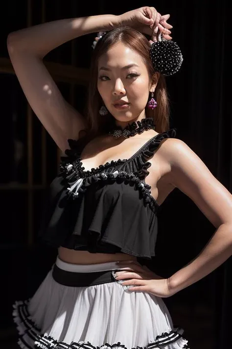 DEN_hitomi_tanaka,
((gothic cheerleader:1.1) outside wearing a black (skull top:1.2) with a skull on it and a (frilly skirt:1.2) holding (pom poms:1.2), gothic, (cheerleader:1.2):1.2),
bokeh, f1.4, 40mm, photorealistic, raw, 8k, textured skin, skin pores, intricate details <lora:epi_noiseoffset2:1>, epiCRealism <lora:ClothingAdjuster3:-1>
