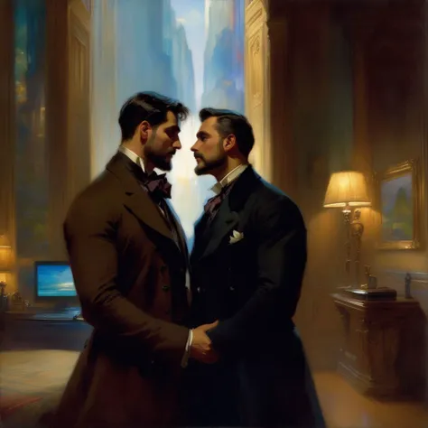 futuristic epic fantasy, science fiction, high-tech, legendary, dynamic, romantic, whimsical, magical, mythical.
a homoerotic, homoromantic, gay, loving, exciting, steamy, magnificent, amazing, sexy, dramatic masterpiece (by Daniel F Gerhartz|Gaston Bussiere|Maximilian Pirner:1.9) of R and M.
R is a short, dark-brown-skinned, muscular, iranian man with very short hair, and a perfect beard. He is shorter than M.
M is a tall, dark-tan-skinned, athletic, mexican protector with very short hair, and a short beard. He is taller than R.
M and R are both in their early 30s, extremely attractive, virile, powerful, masculine, hairy, strong, desirable, hunky, and manly men. M and R are wearing clothing from the distant future resembling Robin Hood.
The setting is indoors, in a bedroom, late at night. M and R are hugging each other.
The overall mood is provocative, passionate, expressive, sensual, magical, and visceral, evocative of gay romance, gravitas, and love.
extremely detailed, romantic lighting, romantic mood, romantic atmospheric, shadowplay, vignette. no women.