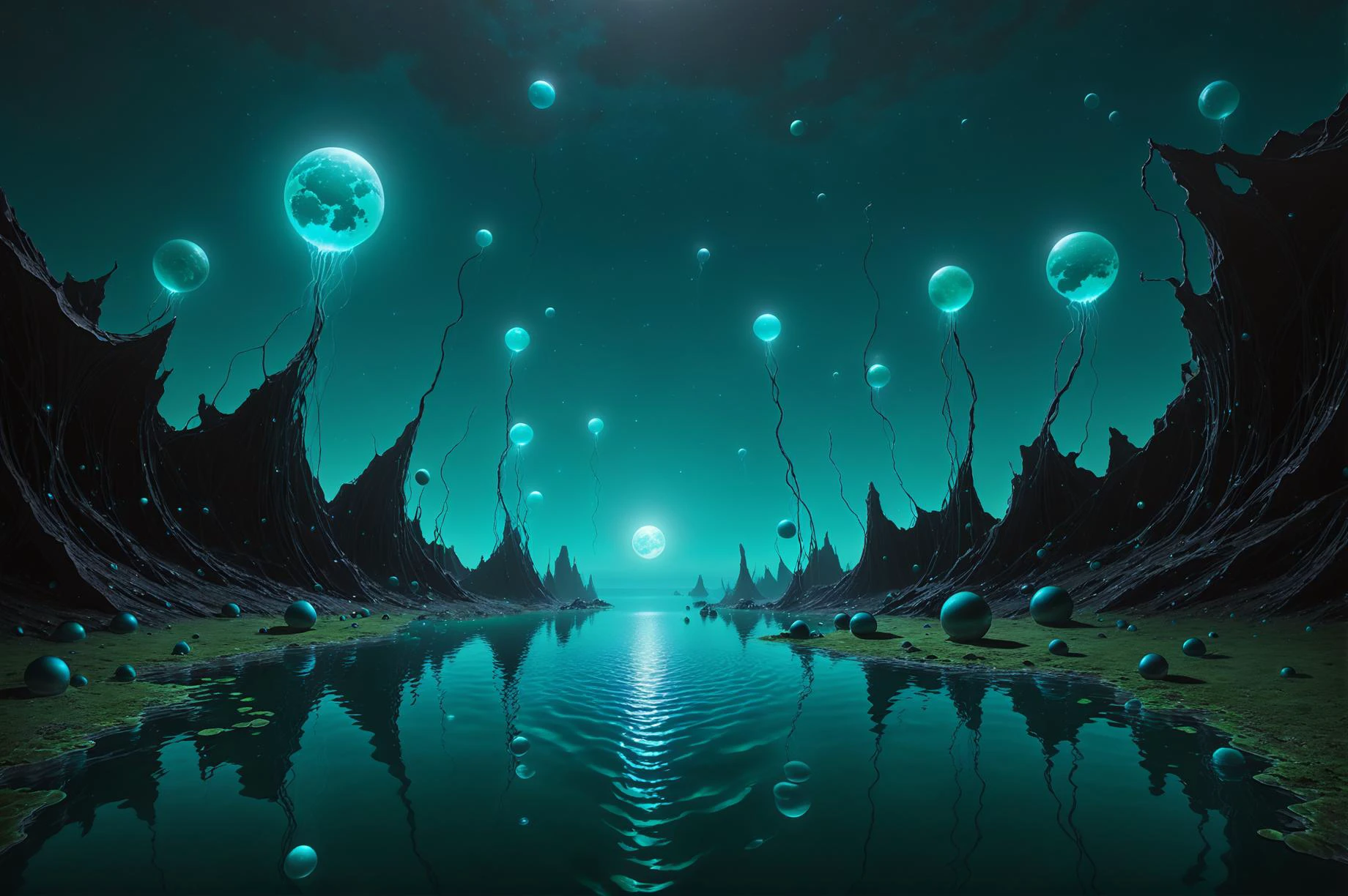 photorealistic, detailed digital illustration of a A bioluminescent lagoon, where the water's surface is adorned with floating, glowing orbs that emit an otherworldly glow beneath the moonlit sea, <lora:EnvyBrokenRealityXL01:1.1>, <lora:cine:0.7> cin3, <lora:EnvyNIghtmareXL01:0.8>