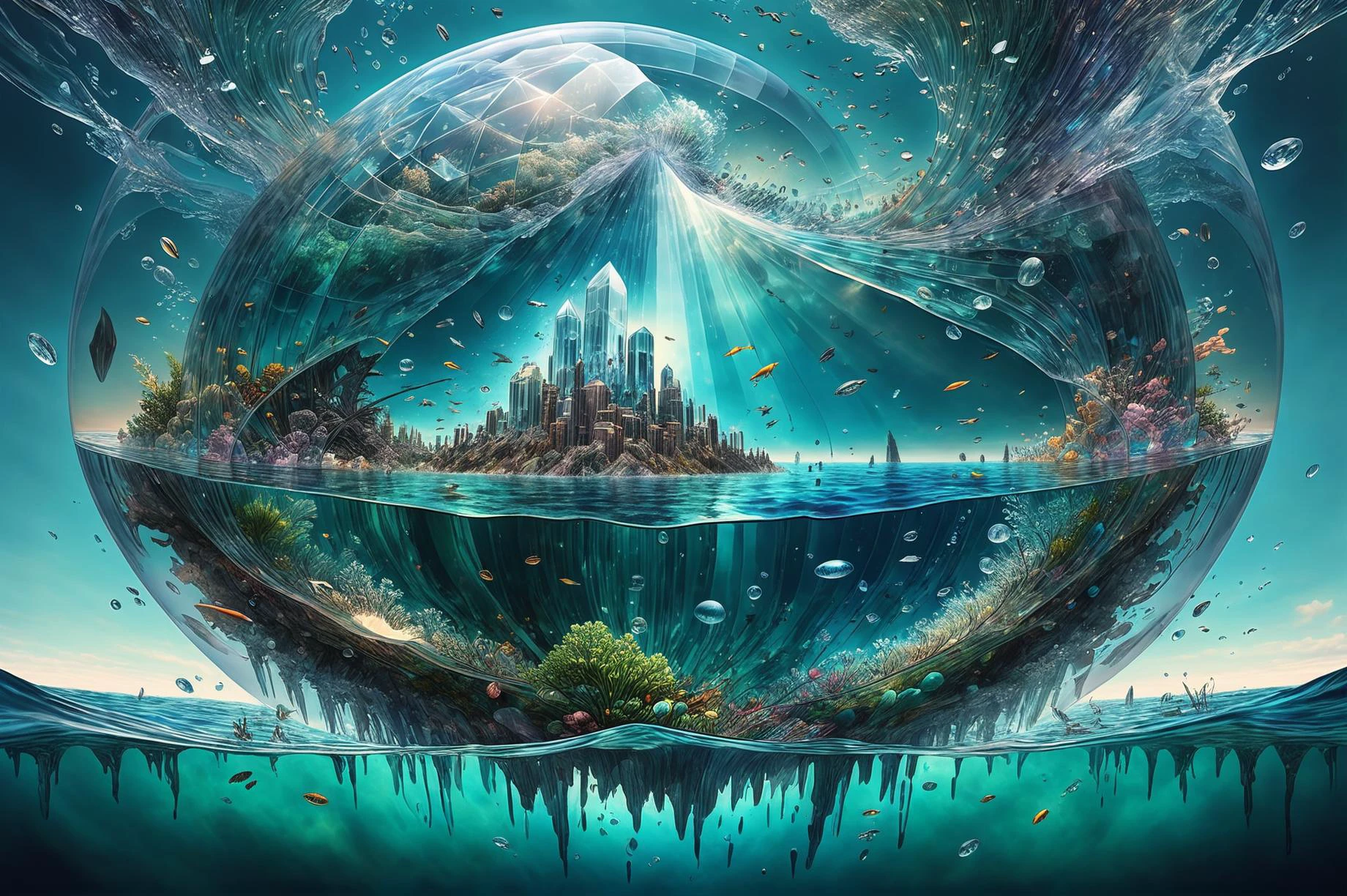 photorealistic, detailed digital illustration of a A colossal, crystal-clear dome beneath the ocean surface, housing an otherworldly city where aquatic beings glide effortlessly through the fluid mediu <lora:EnvyBrokenRealityXL01:1.1>, <lora:fracolor:0.7> fracolor, <lora:InkArtXL_1.2:0.7> ink art, line art