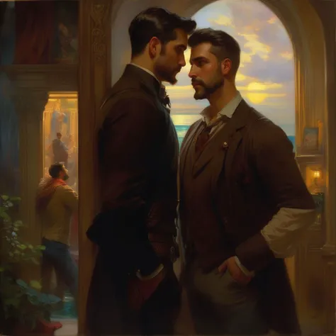 futuristic epic fantasy, science fiction, high-tech, legendary, dynamic, romantic, whimsical, magical, mythical.
a homoerotic, homoromantic, gay, loving, exciting, steamy, magnificent, amazing, sexy, intense, dramatic masterpiece (by Daniel F Gerhartz|Gaston Bussiere|Maximilian Pirner:1.9) of R and M.
M and R are both in their early 30s, extremely attractive, virile, powerful, masculine, hairy, strong, desirable, hunky, and manly men. M and R are wearing futuristic clothing resembling Robin Hood.
R is a short, dark-brown-skinned, muscular, iraqi man, with very short hair, and a perfect beard. He is shorter than M.
M is a tall, dark-tan-skinned, athletic, mexican protector, with very short hair, and a short beard. He is taller than R.
The setting is indoors, in a bedroom, late at night. dynamic, interactive poses.
The overall mood is provocative, passionate, expressive, sensual, magical, and visceral, evocative of gay romance, gravitas, and love.
extremely detailed, romantic lighting, romantic mood, romantic atmospheric, shadowplay, vignette. no women.